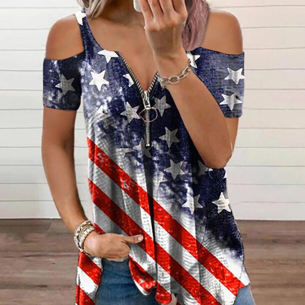 American Flag Print Cold Shoulder Zipper T-Shirt
